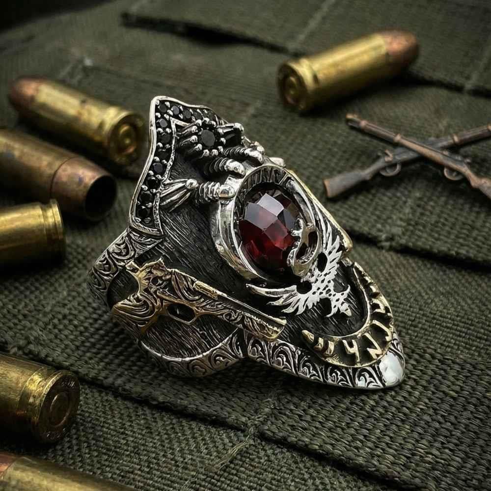 Jandarma Tabanca İşlemeli Zihgir Gümüş YüzükBaşparmak & Zihgir Yüzükleri