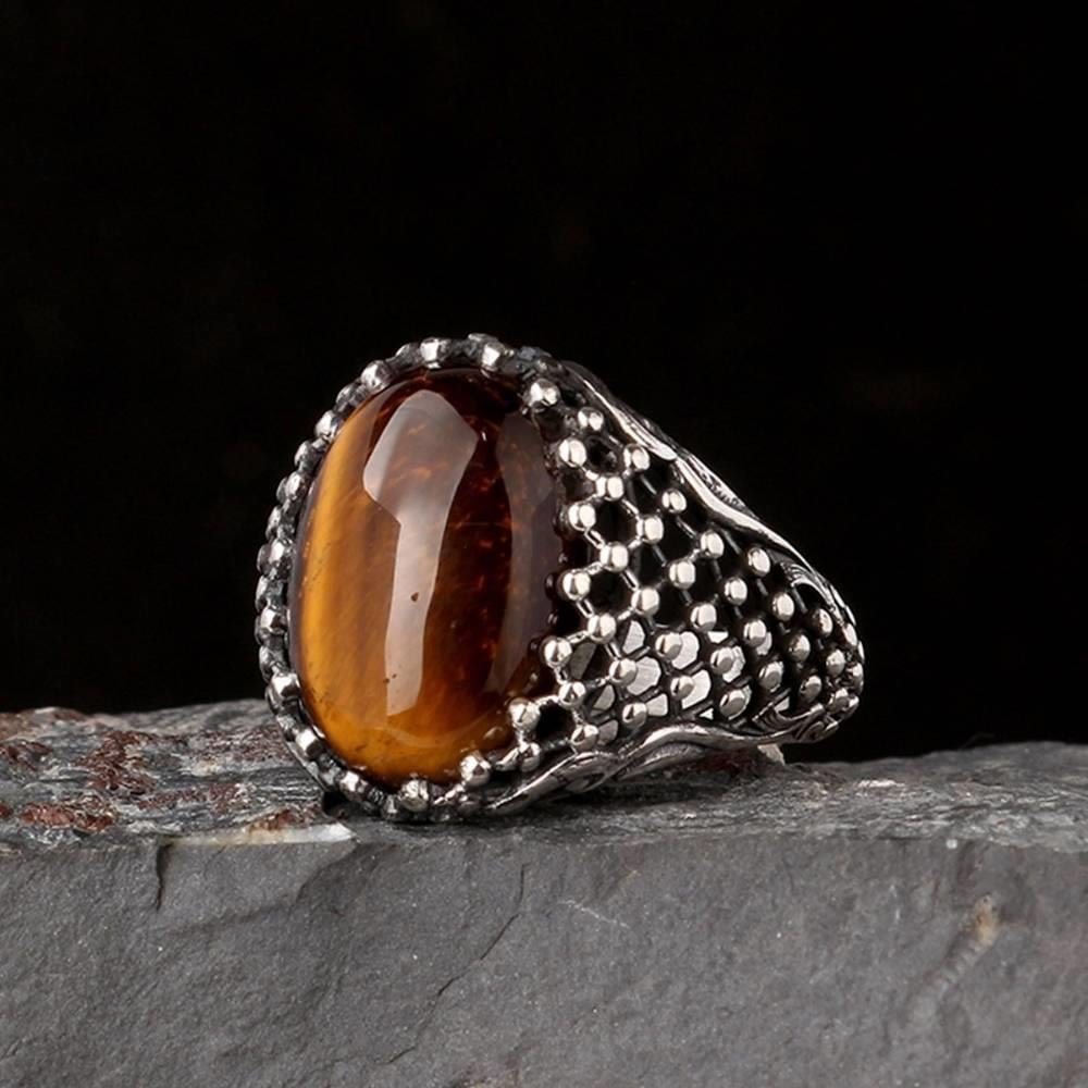 Kafes Detaylı Kaplan Gözü Taşlı Gümüş YüzükTiger Eye Stone Ring
