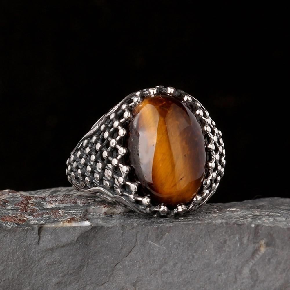 Kafes Detaylı Kaplan Gözü Taşlı Gümüş YüzükTiger Eye Stone Ring