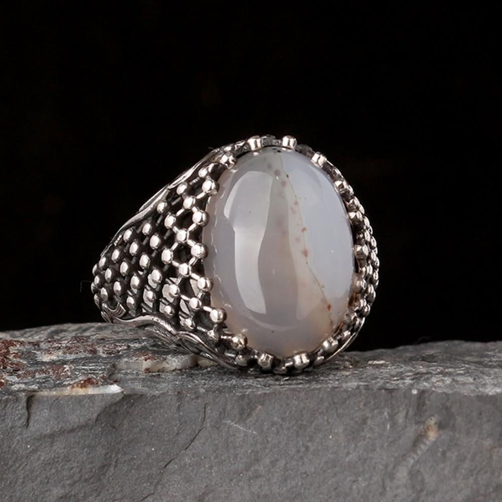 Kafes Detaylı Yemen Akik Taşlı Gümüş YüzükAgate Stone Ring