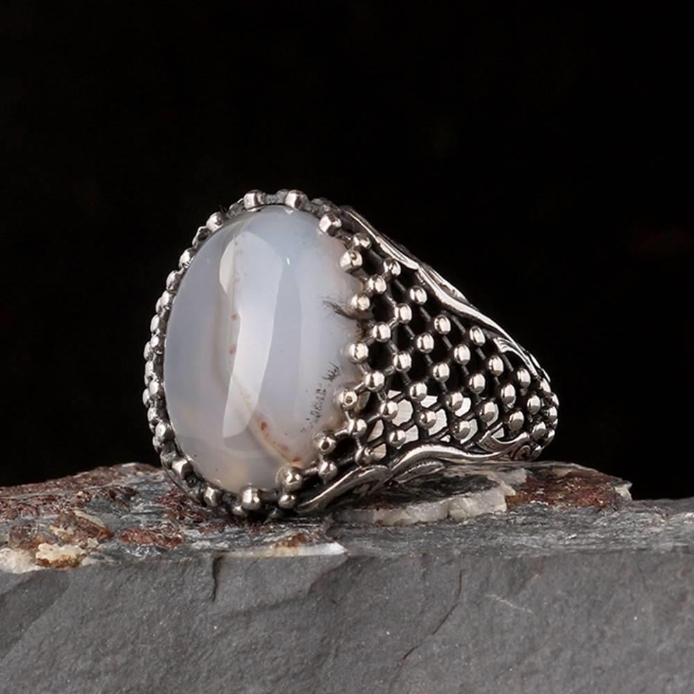 Kafes Detaylı Yemen Akik Taşlı Gümüş YüzükAgate Stone Ring