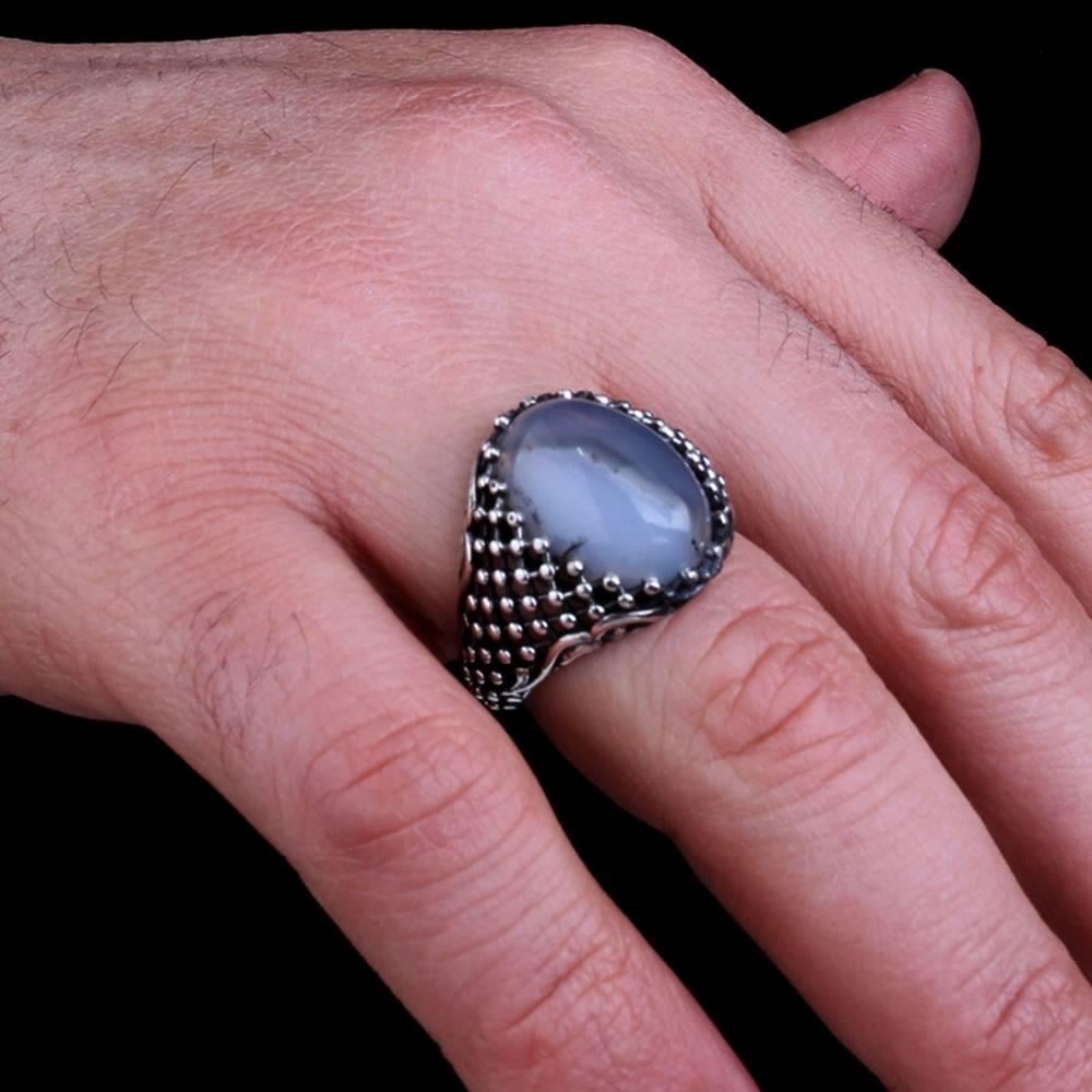 Kafes Detaylı Yemen Akik Taşlı Gümüş YüzükAgate Stone Ring