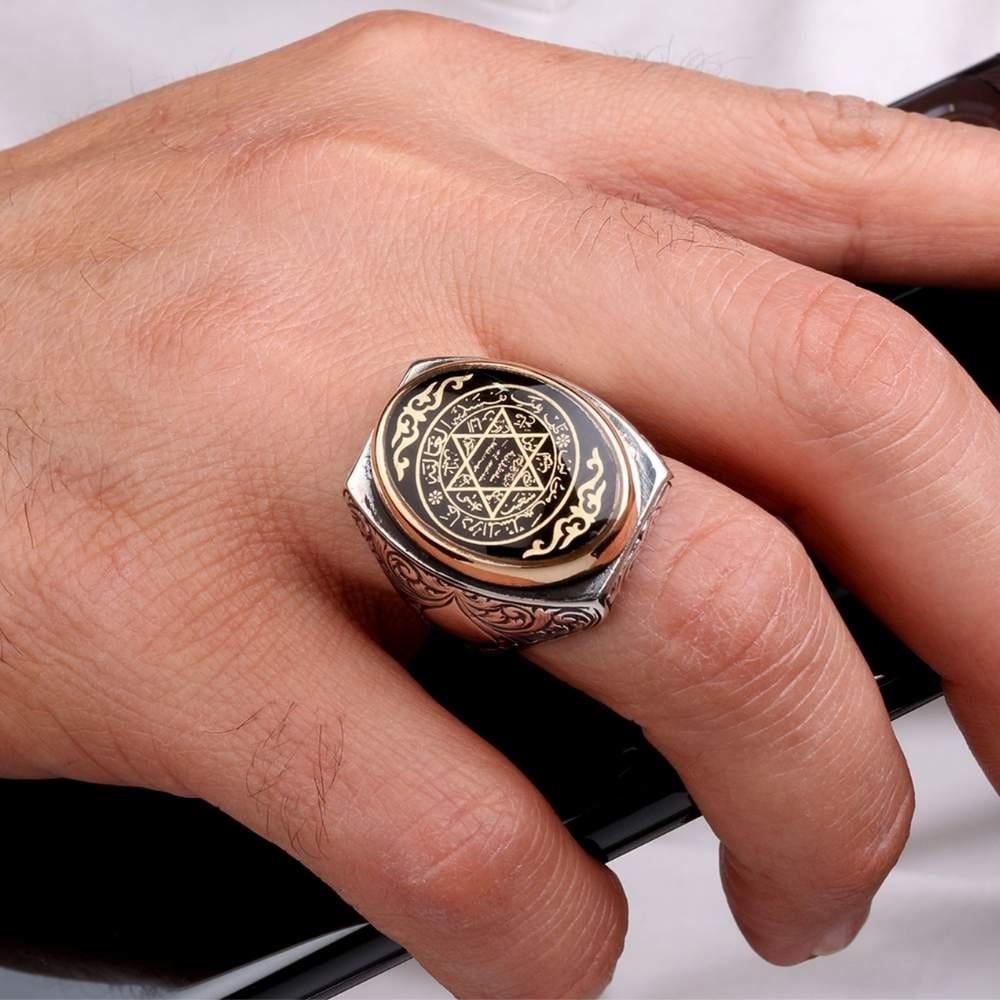 Kalem Detaylı Siyah Mineli Mührü Süleyman Gümüş YüzükSeal of Solomon Ring