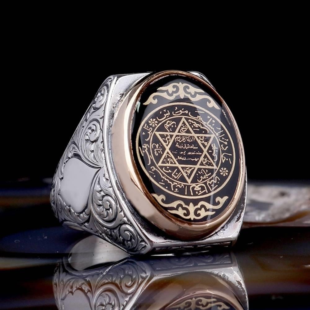 Kalem Detaylı Siyah Mineli Mührü Süleyman Gümüş YüzükSeal of Solomon Ring