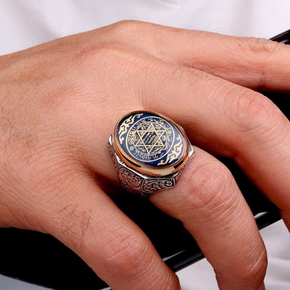 Kalem İşleme Mavi Mineli Mührü Süleyman Gümüş YüzükSeal of Solomon Ring