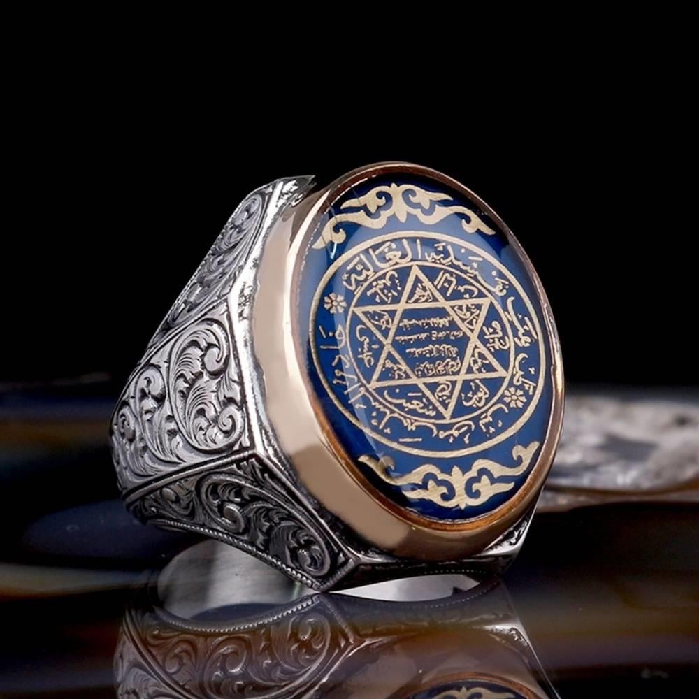 Kalem İşleme Mavi Mineli Mührü Süleyman Gümüş YüzükSeal of Solomon Ring