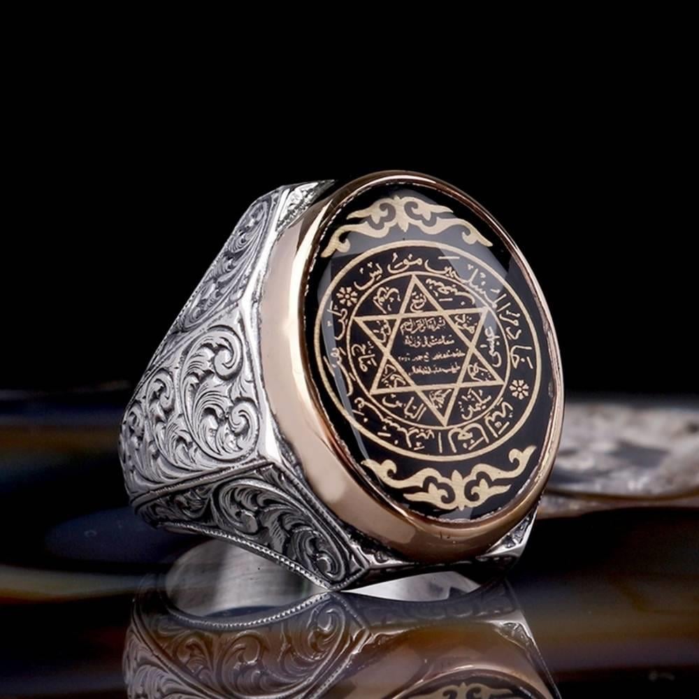 Kalem İşleme Siyah Mineli Mührü Süleyman Gümüş YüzükSeal of Solomon Ring