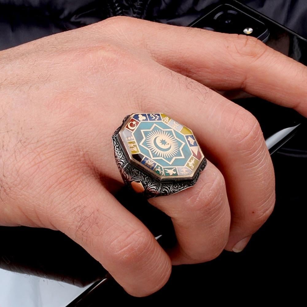 Kalem İşleme Türk Teşkilatı 16 Türk Devleti Gümüş Yüzük16 Türk Devleti Yüzük