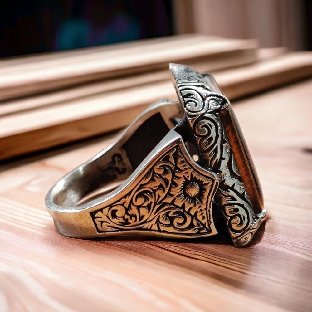 Kalem İşlemeli Ay Yıldız Kurt İşlemeli Gümüş Yüzük