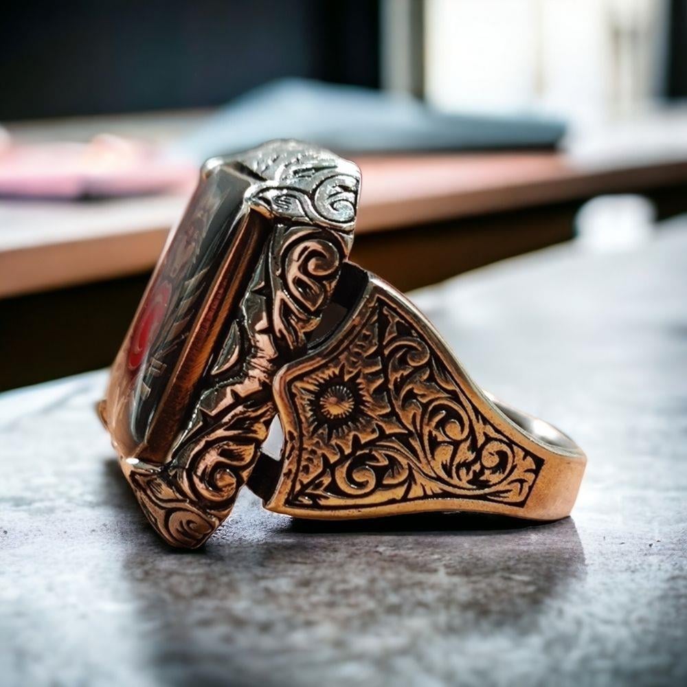 Kalem İşlemeli Ay Yıldız Kurt İşlemeli Gümüş Yüzük