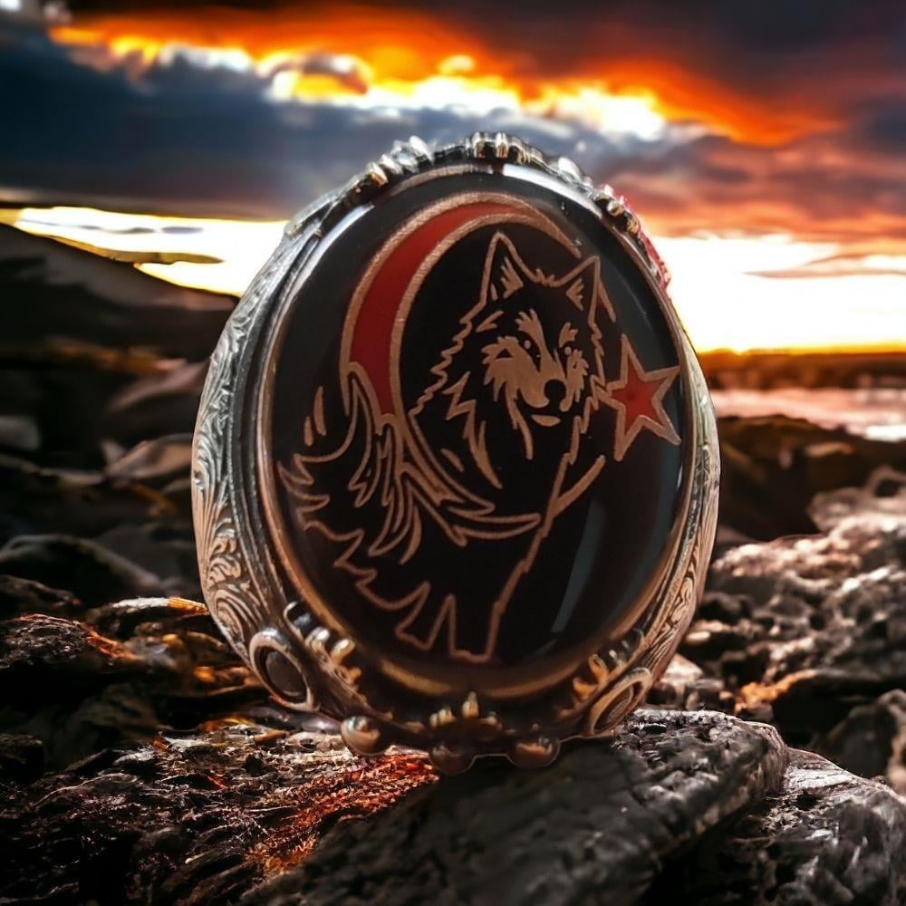 Kalem İşlemeli Bozkurt Ay Yıldız Gümüş Yüzük