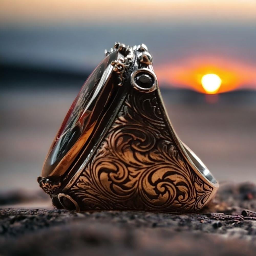 Kalem İşlemeli Bozkurt Ay Yıldız Gümüş Yüzük