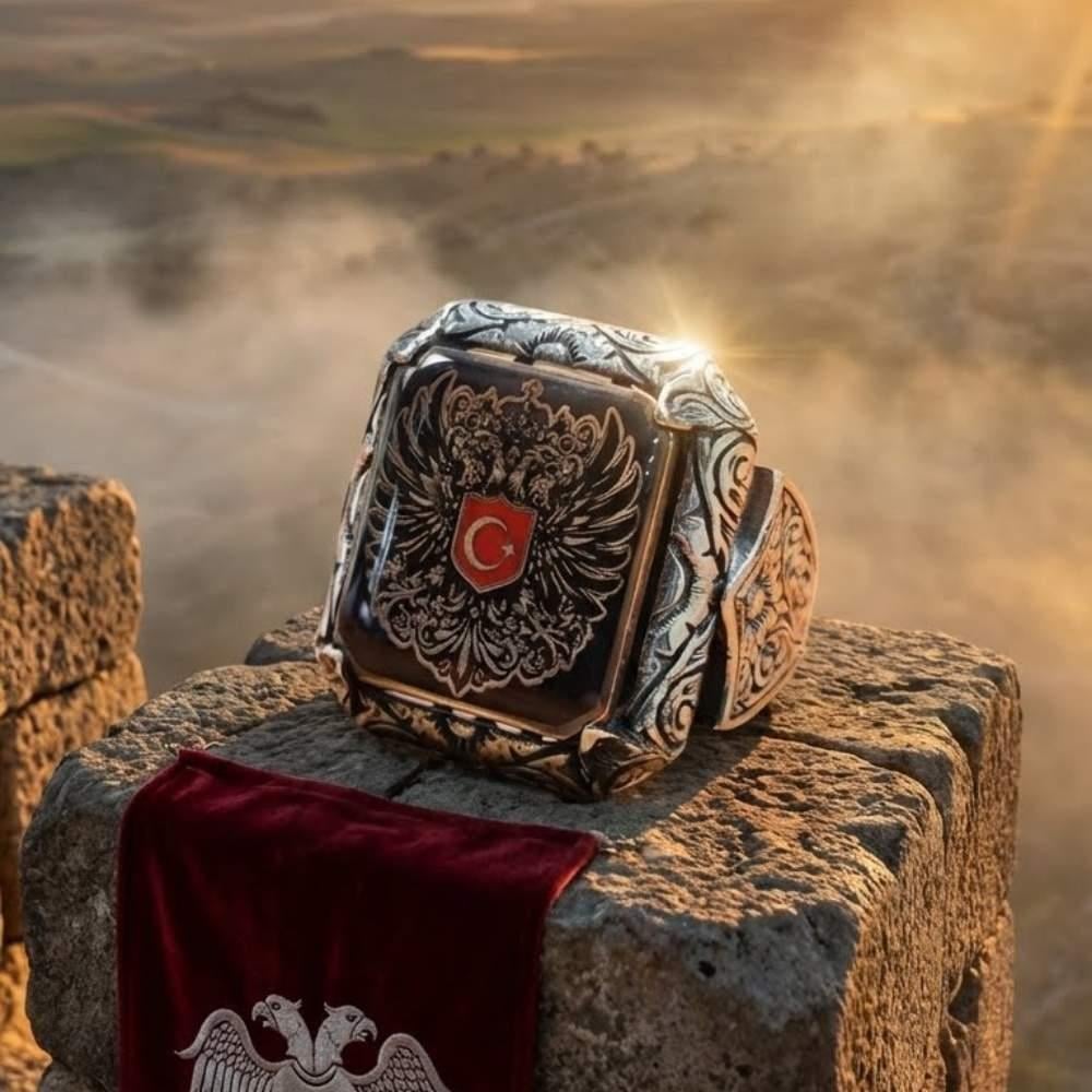 Kalem İşlemeli Çift Başlı Kartal Ay Yıldız Gümüş YüzükÇift Başlı Kartal Selçuklu Yüzük