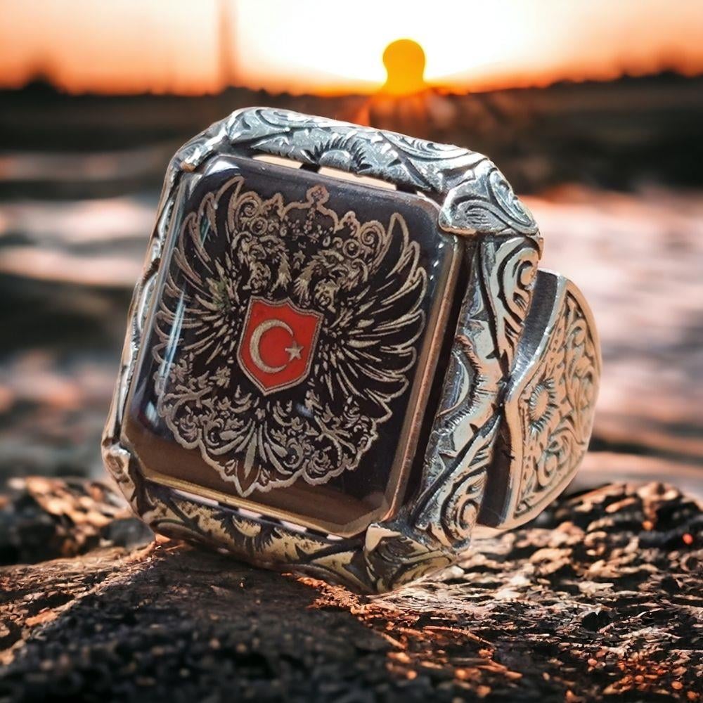 Kalem İşlemeli Çift Başlı Kartal Ay Yıldız Gümüş Yüzük