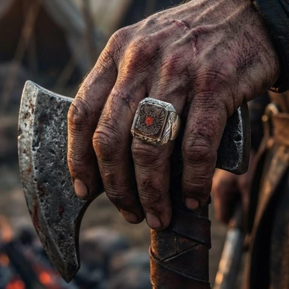 Kalem İşlemeli Çift Başlı Kartal Ay Yıldız Gümüş YüzükÇift Başlı Kartal Selçuklu Yüzük