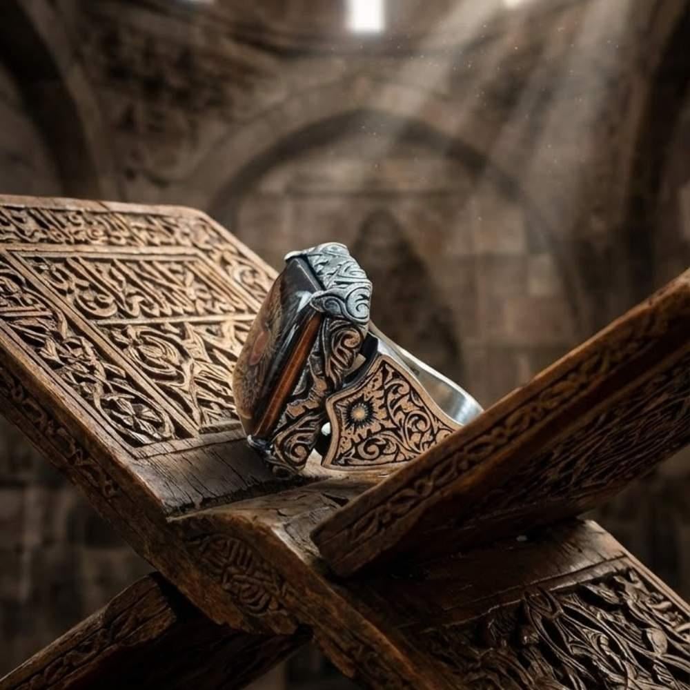 Kalem İşlemeli Çift Başlı Kartal Ay Yıldız Gümüş YüzükÇift Başlı Kartal Selçuklu Yüzük