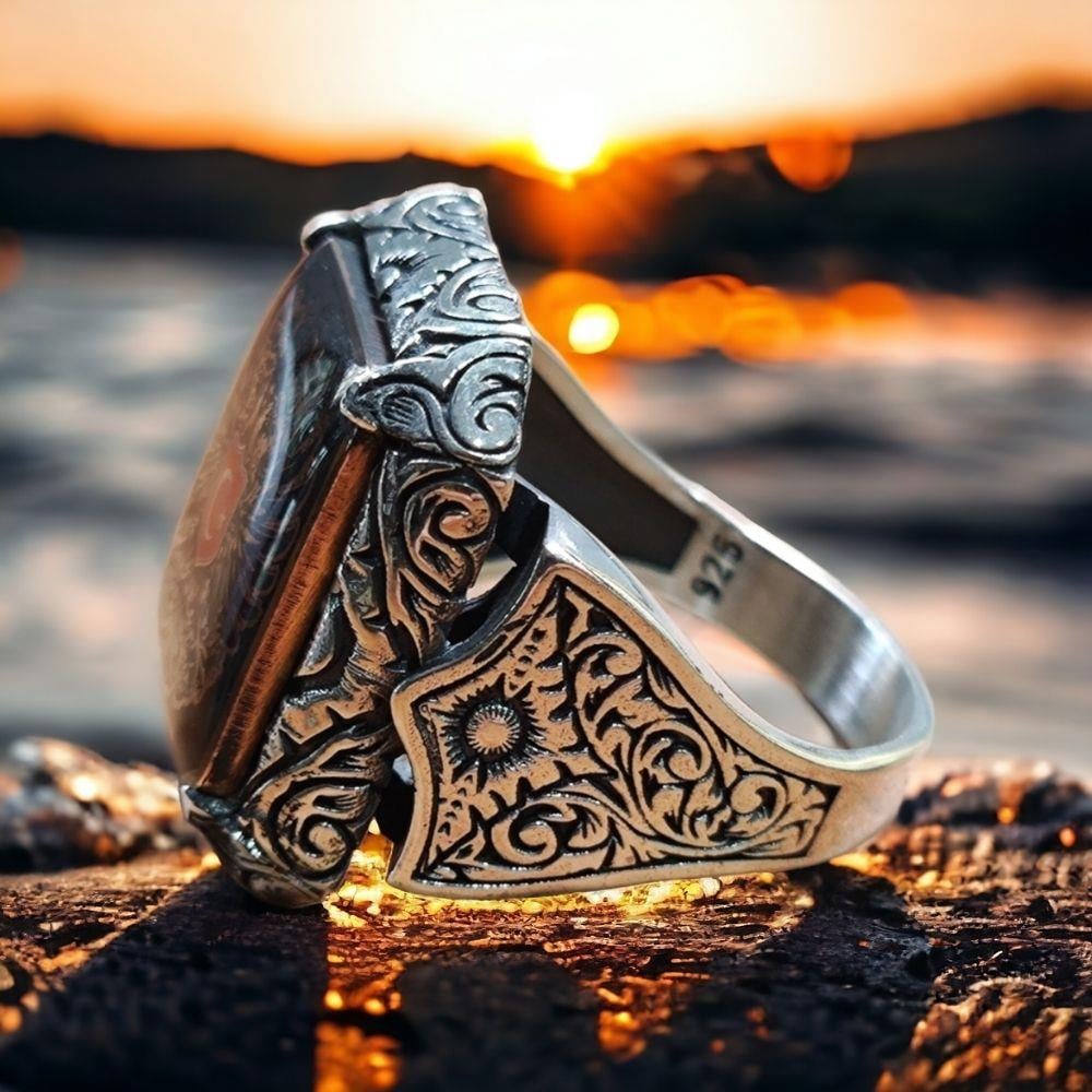 Kalem İşlemeli Çift Başlı Kartal Ay Yıldız Gümüş Yüzük