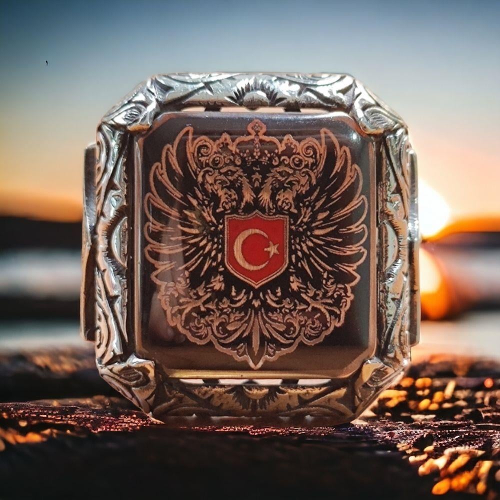 Kalem İşlemeli Çift Başlı Kartal Ay Yıldız Gümüş Yüzük