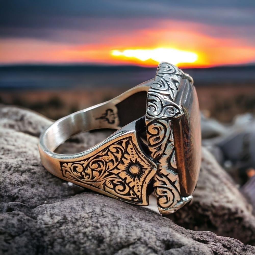 Kalem İşlemeli Çift Başlı Kartal Ay Yıldız Gümüş Yüzük