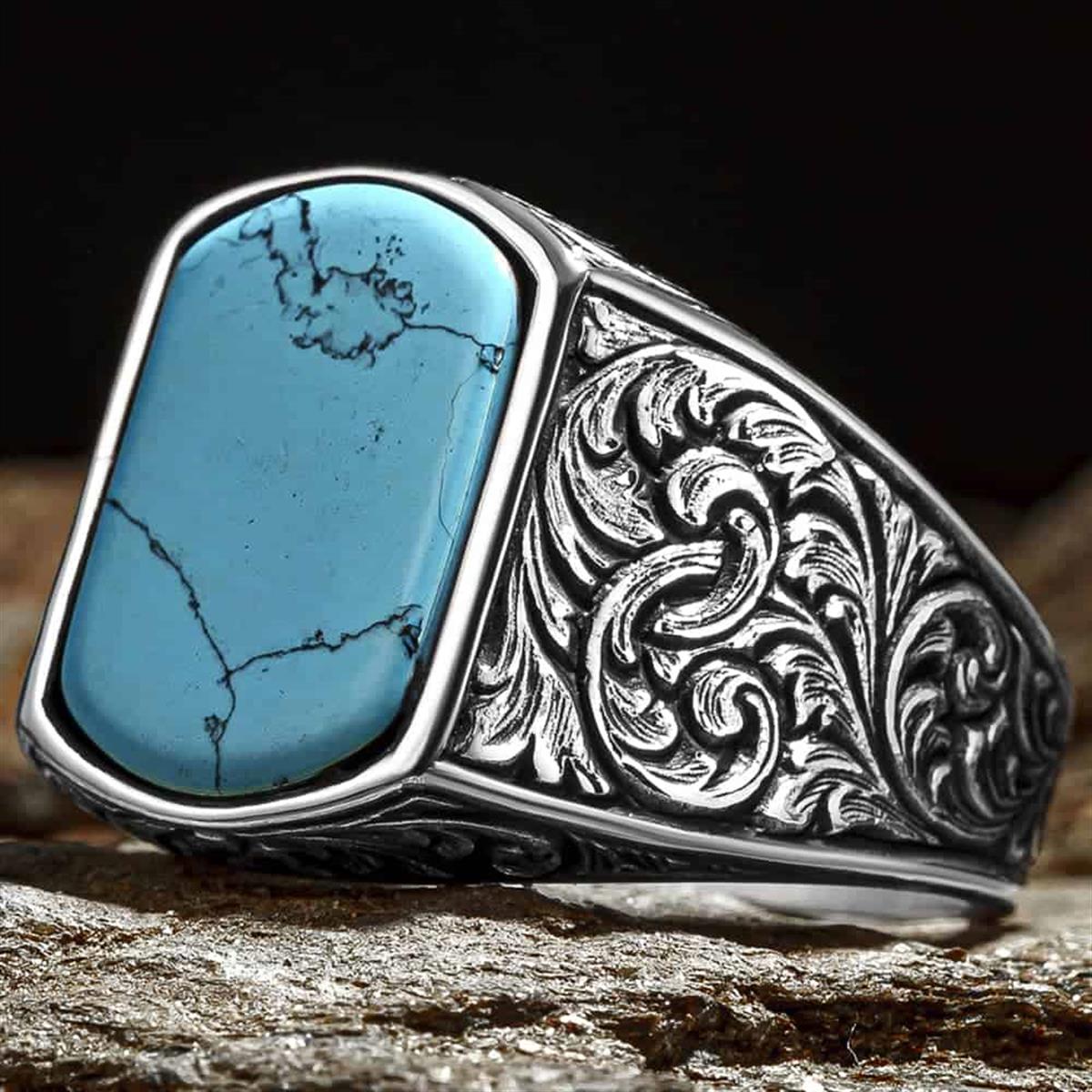 Pen Embroidered Turquoise Stone Silver Ring