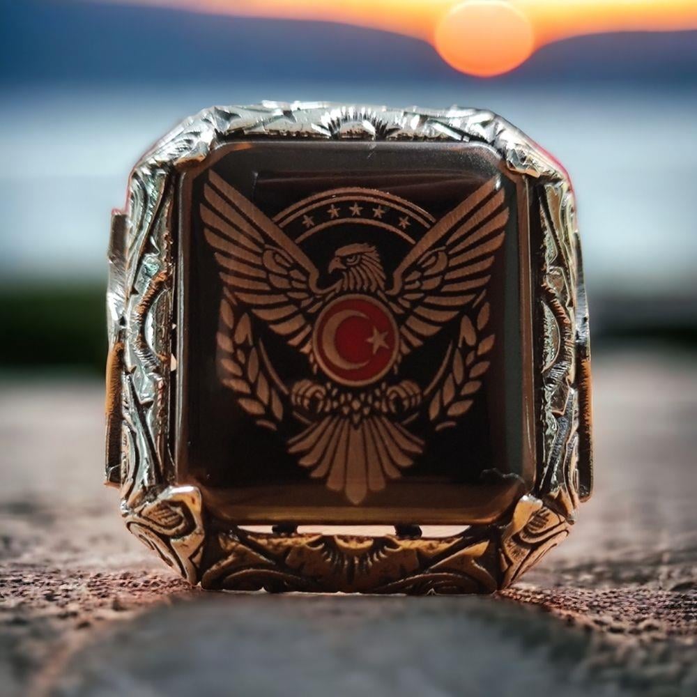 Kalem İşlemeli Kartal Ay Yıldız Gümüş Yüzük