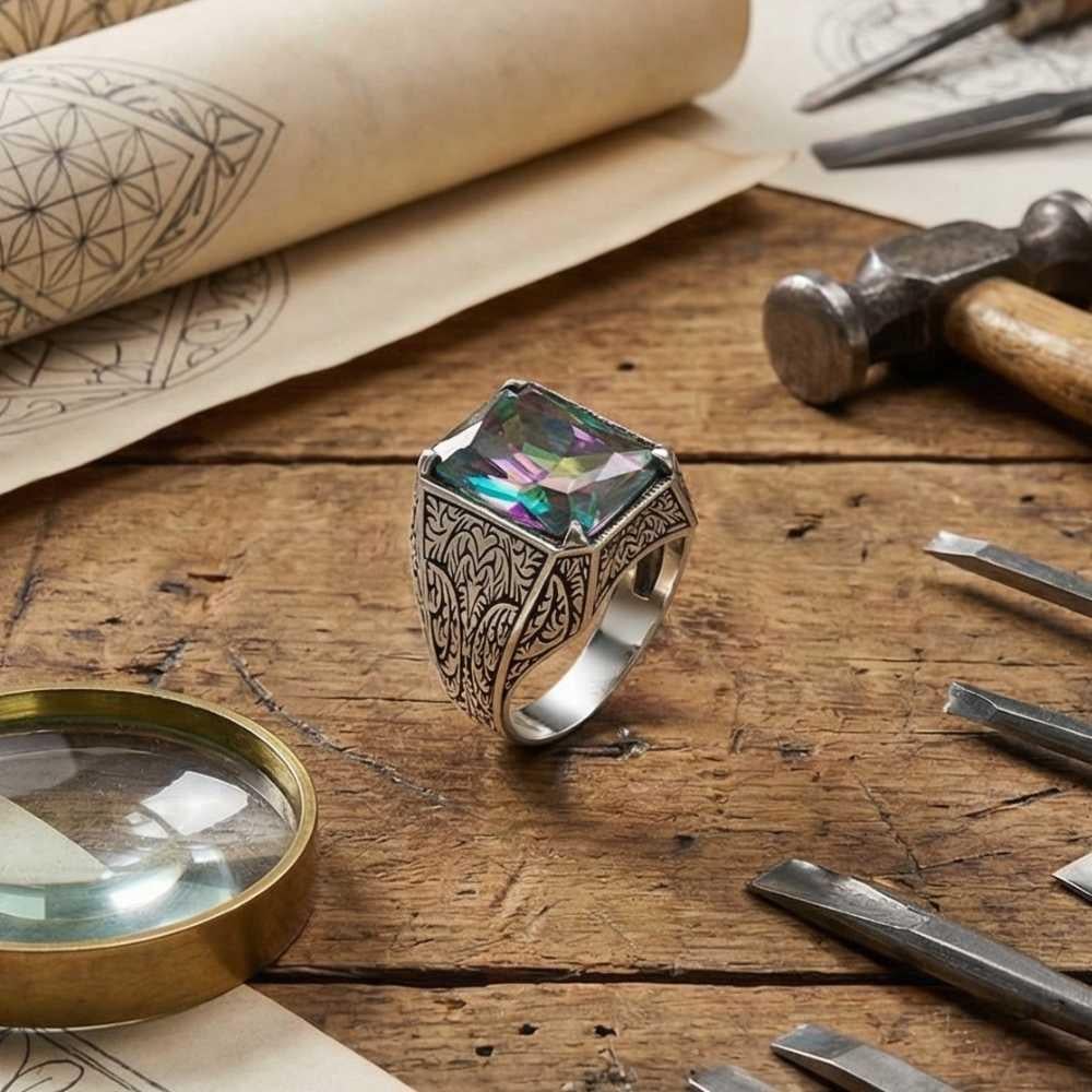 Kalem İşlemeli Mistik Topaz Taşlı Gümüş YüzükMystic Topaz Stone Ring