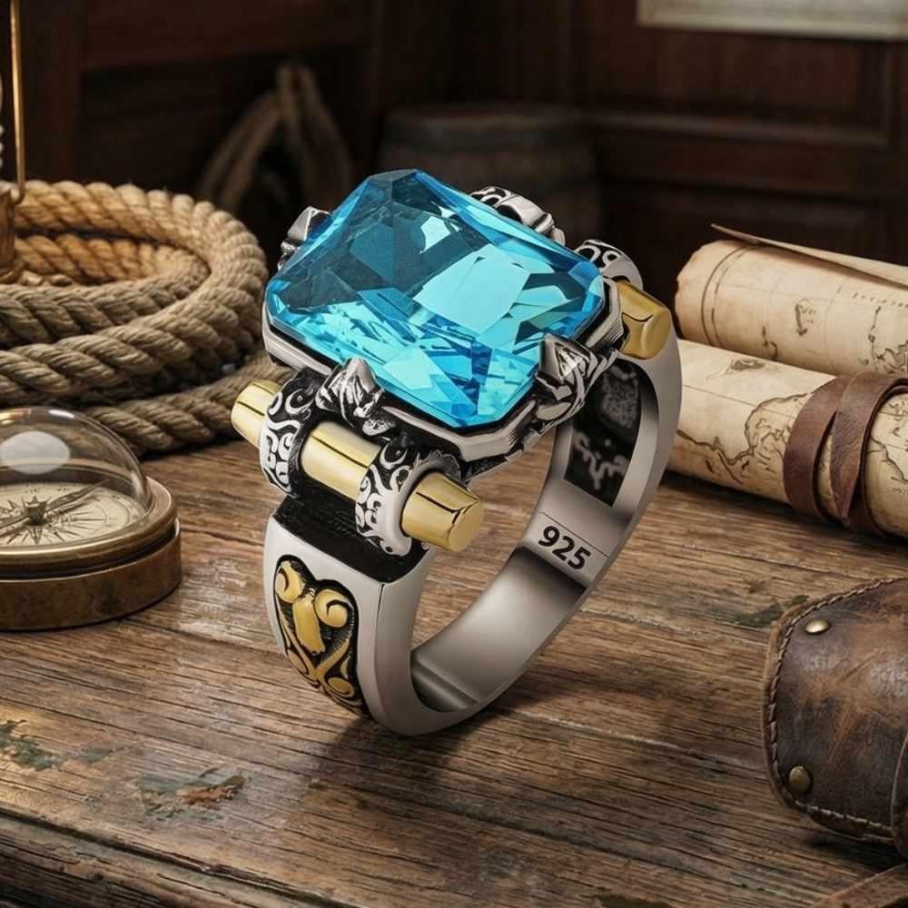 Kalkan Model Aqua Marin Taşlı Gümüş Erkek YüzükTaşlı Yüzükler