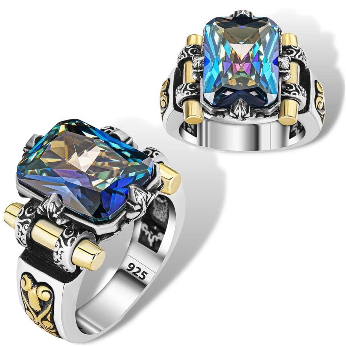 Kalkan Model Mavi Mistik Topaz Taşlı Gümüş Erkek Yüzük