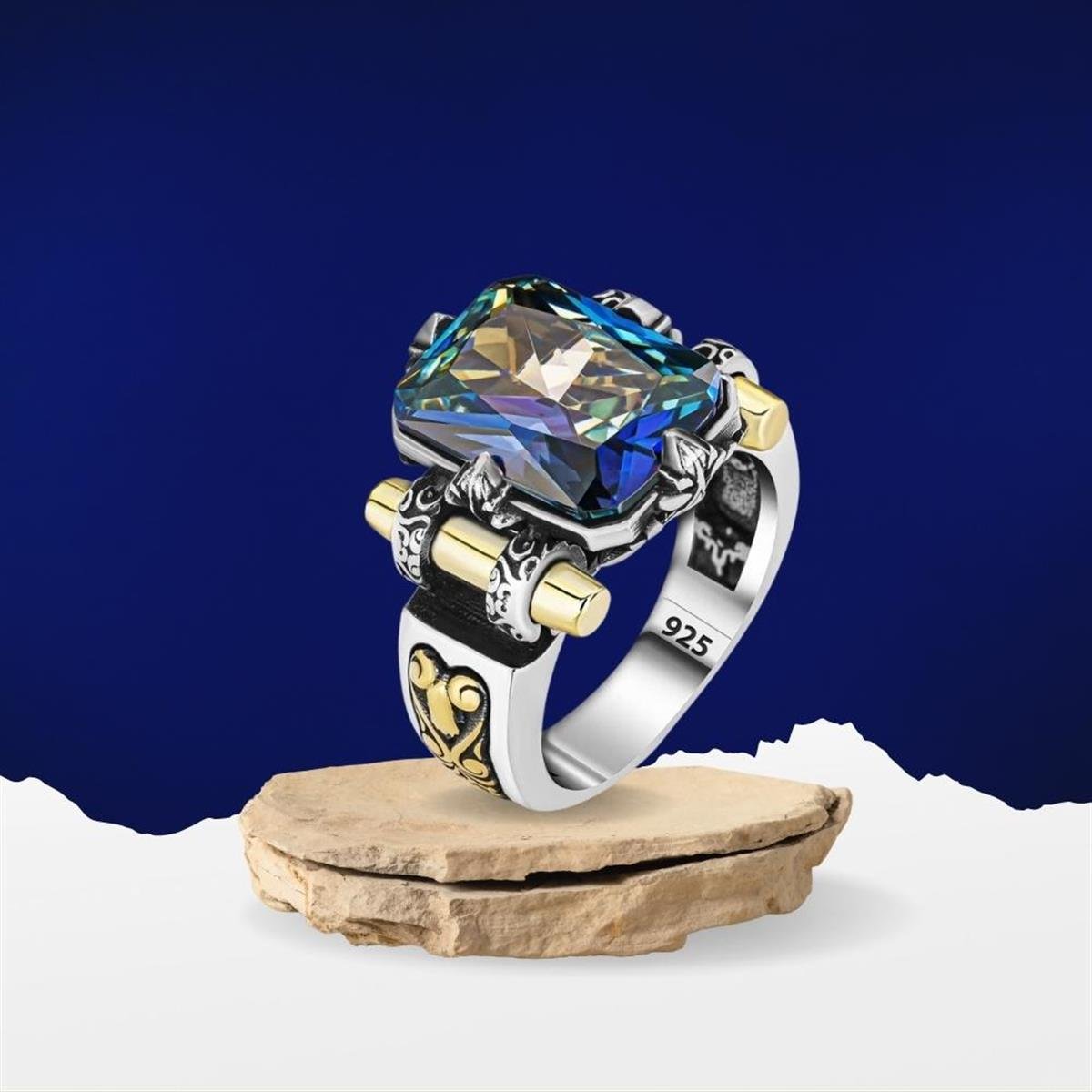 Kalkan Model Mavi Mistik Topaz Taşlı Gümüş Erkek Yüzük