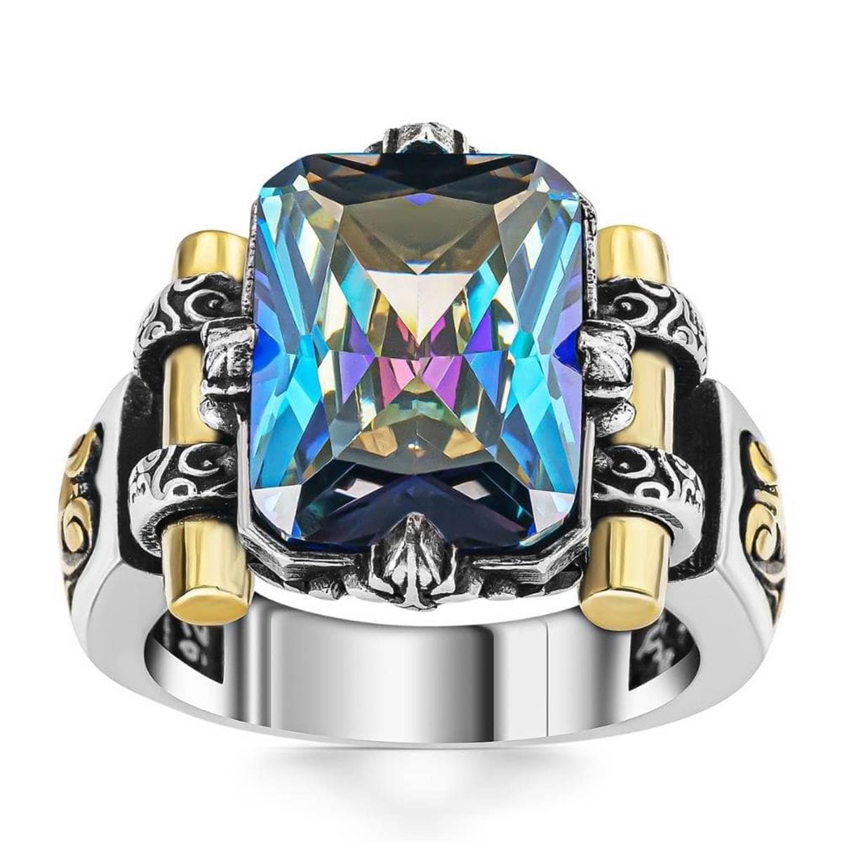 Kalkan Model Mavi Mistik Topaz Taşlı Gümüş Erkek Yüzük