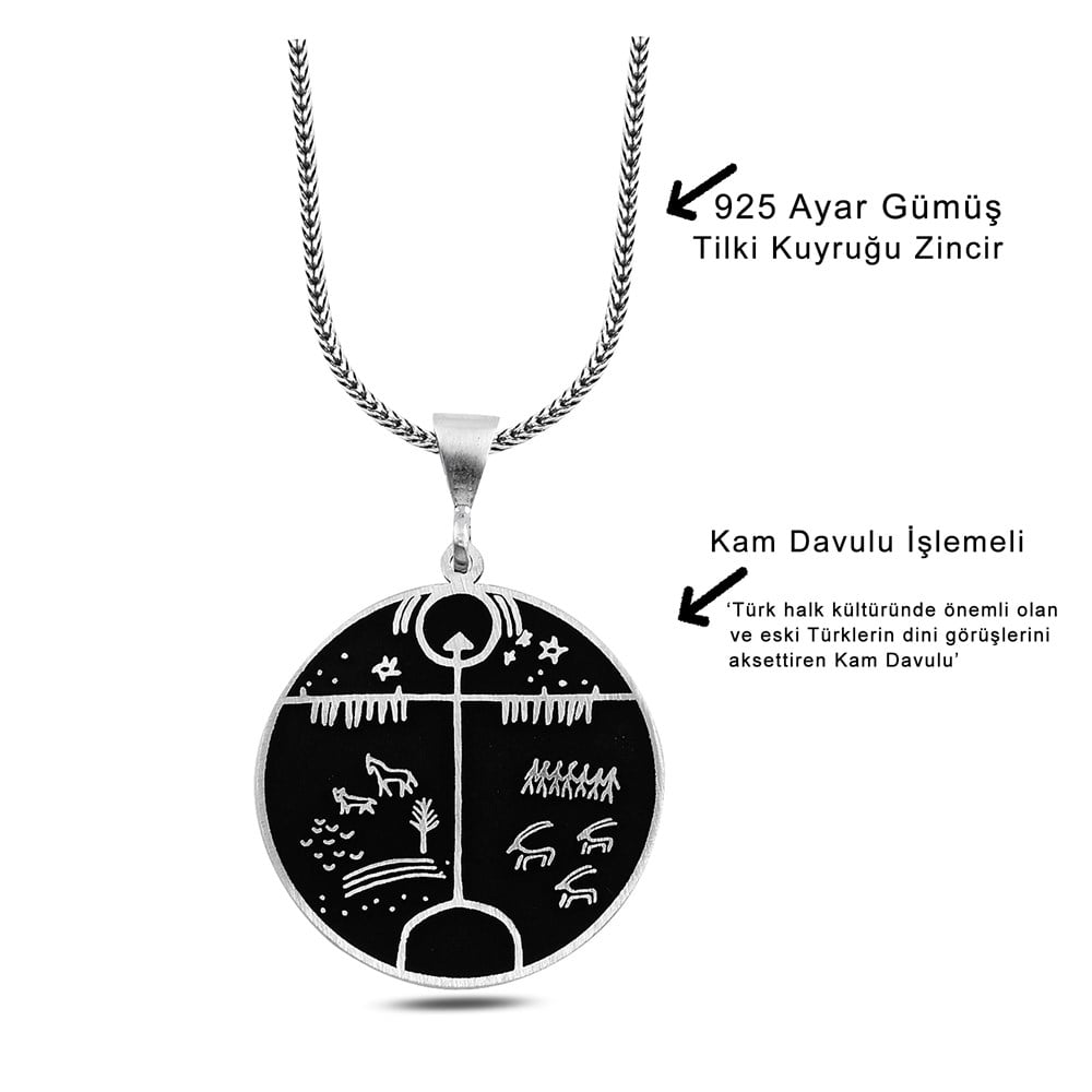 Kam Davulu İşlemeli Gümüş Kolye