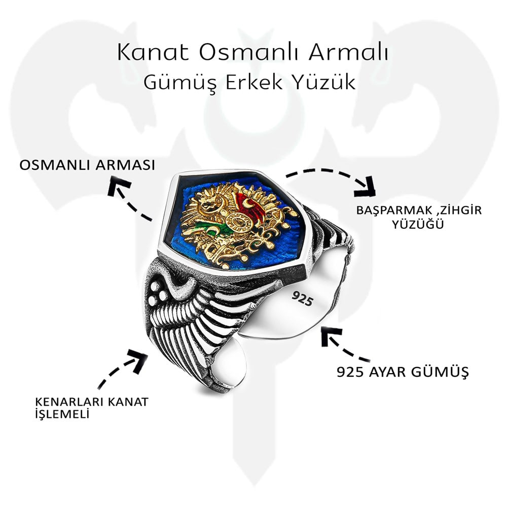 Kanat Osmanlı Armalı Gümüş Erkek Yüzük