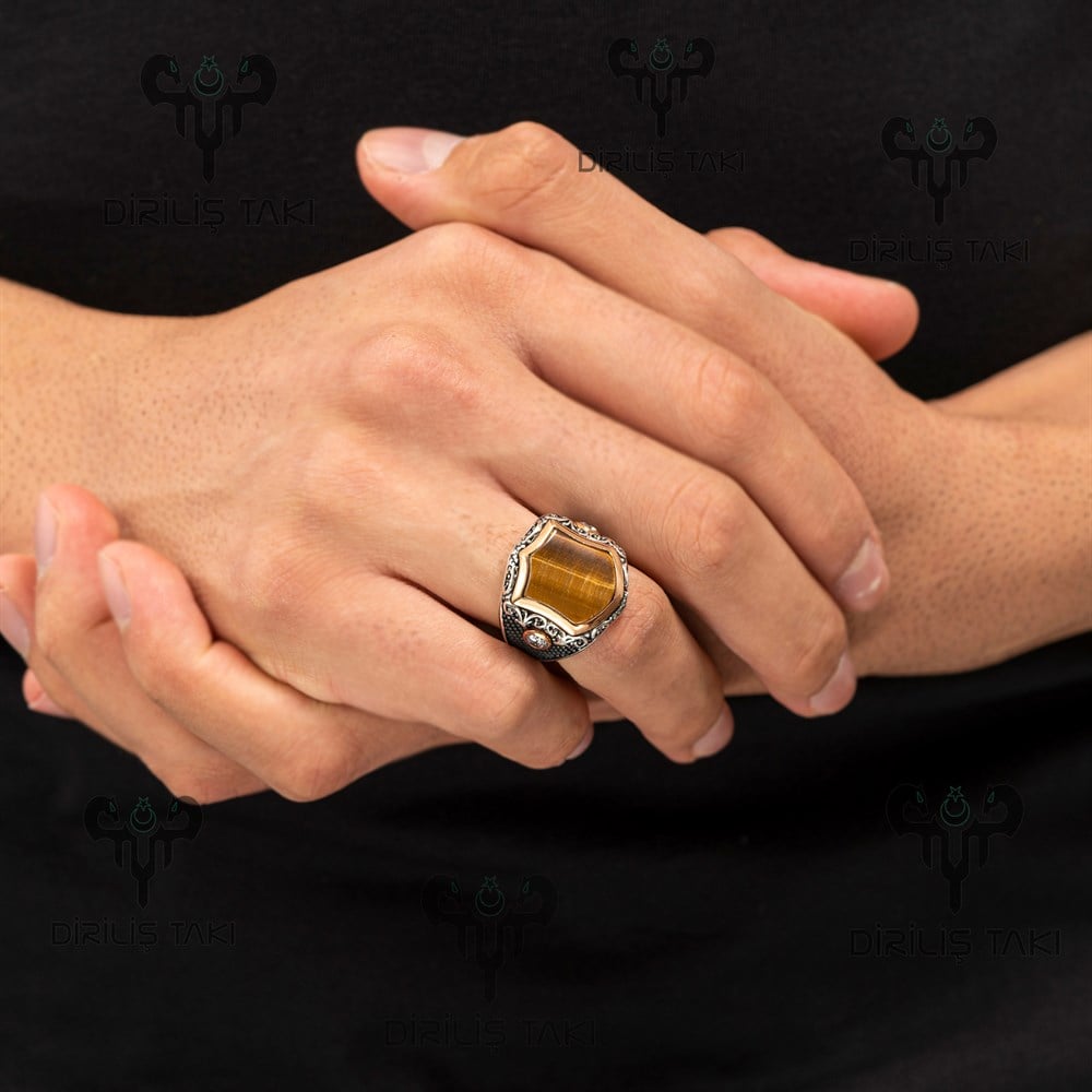 Kaplan Gözü Taşlı Kenarları Zirkon Taşlı Gümüş Erkek Yüzük