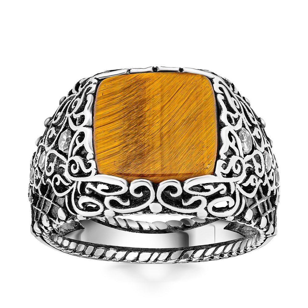 Kaplan Gözü Taşlı Yanları Zirkon Taş Detaylı Gümüş Erkek Yüzük