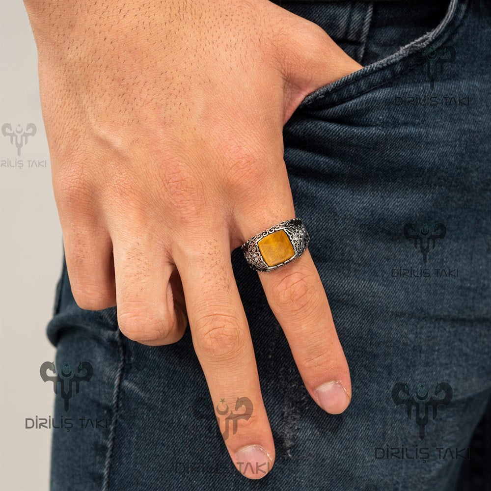 Kaplan Gözü Taşlı Yanları Zirkon Taş Detaylı Gümüş Erkek Yüzük