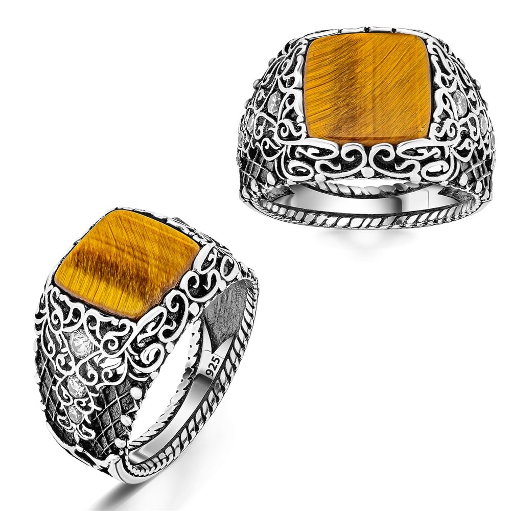 Kaplan Gözü Taşlı Yanları Zirkon Taş Detaylı Gümüş Erkek Yüzük