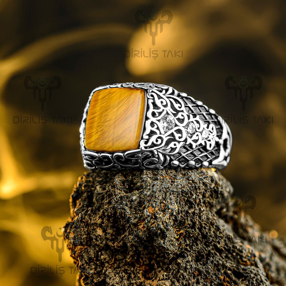 Kaplan Gözü Taşlı Yanları Zirkon Taş Detaylı Gümüş Erkek Yüzük