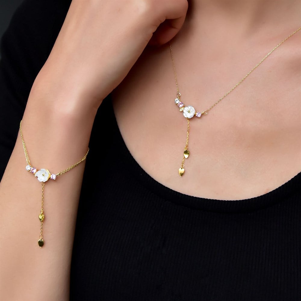 Kardelen Çiçeği Mor Taşlı Kadın Gümüş Set