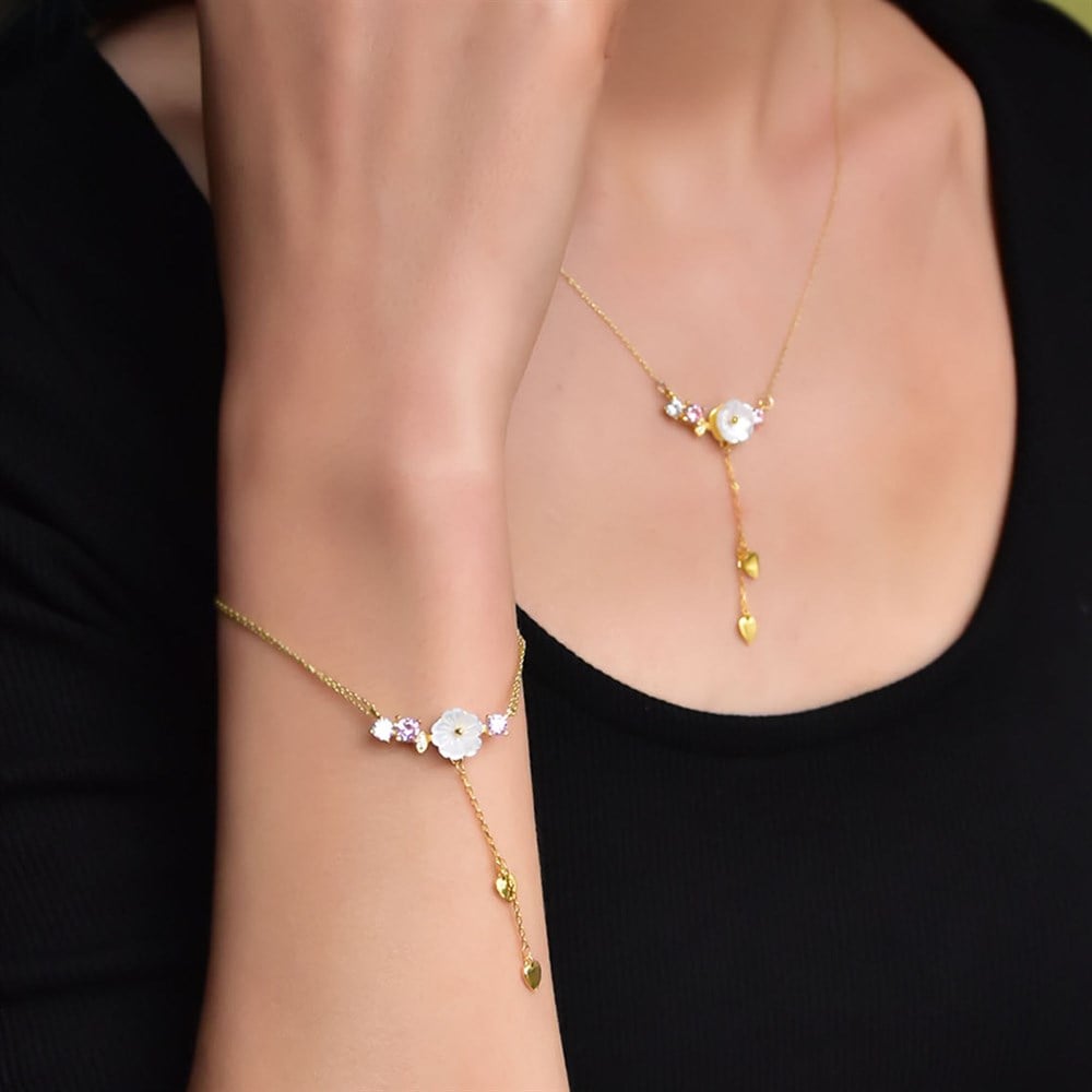 Kardelen Çiçeği Mor Taşlı Kadın Gümüş Set