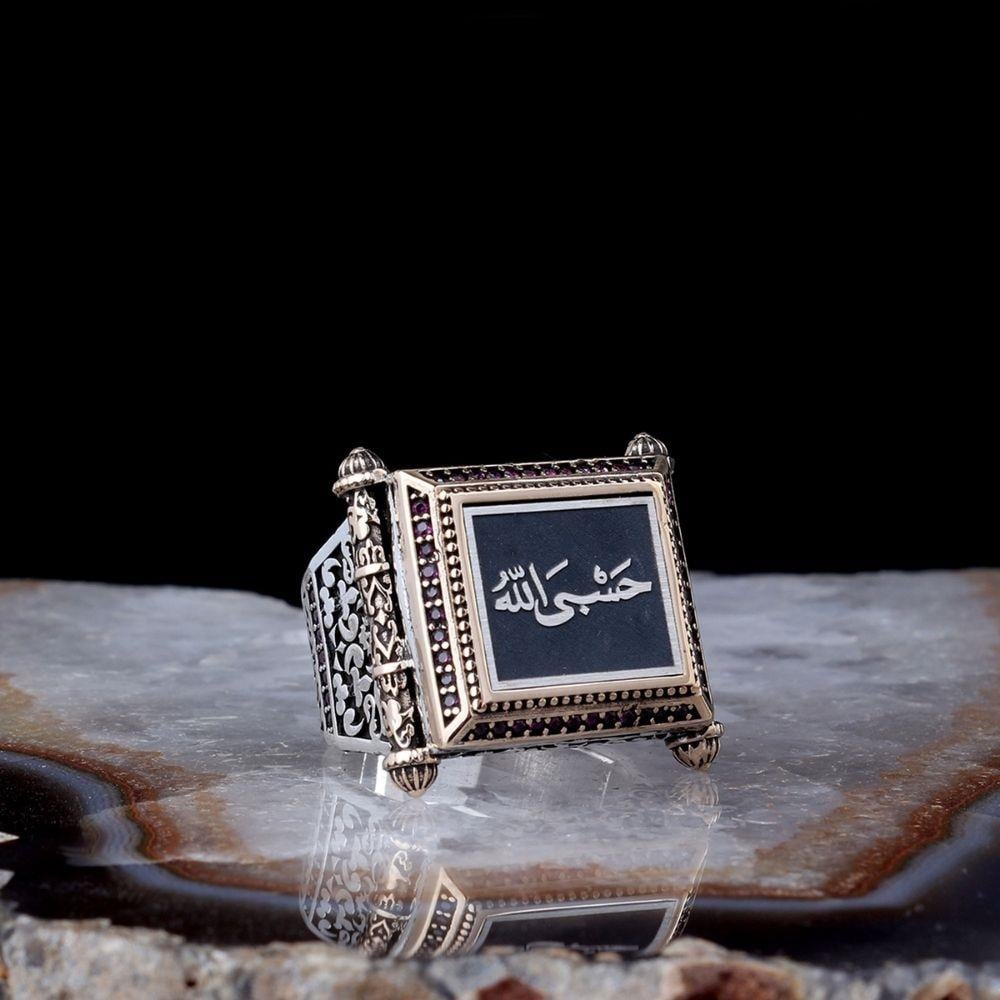 Kare Kasa Zirkon Taşlı Hasbiyallah Gümüş Yüzük
