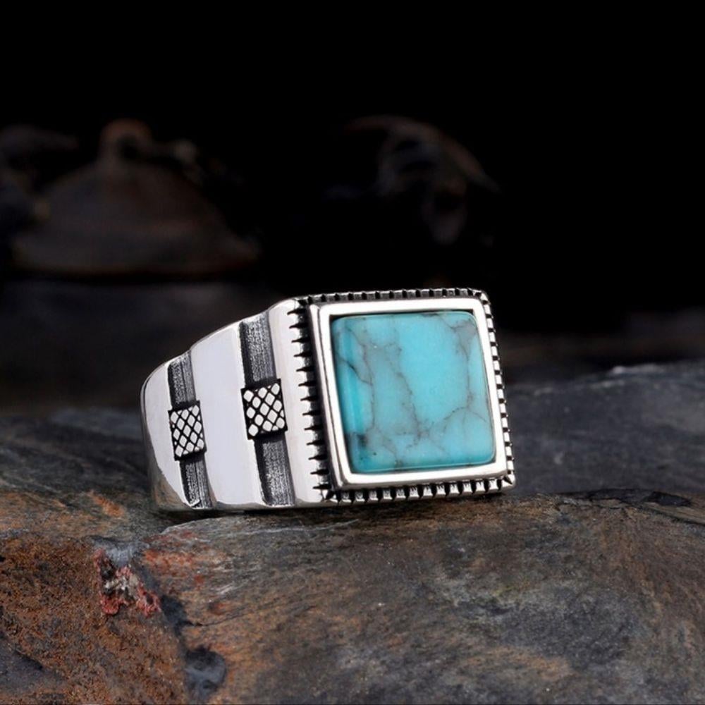 Kare Kesim Turkuaz Taşlı Model Gümüş YüzükFiruze Taşlı Yüzükler