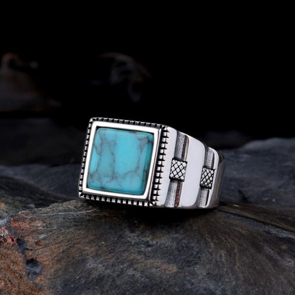 Kare Kesim Turkuaz Taşlı Model Gümüş YüzükFiruze Taşlı Yüzükler