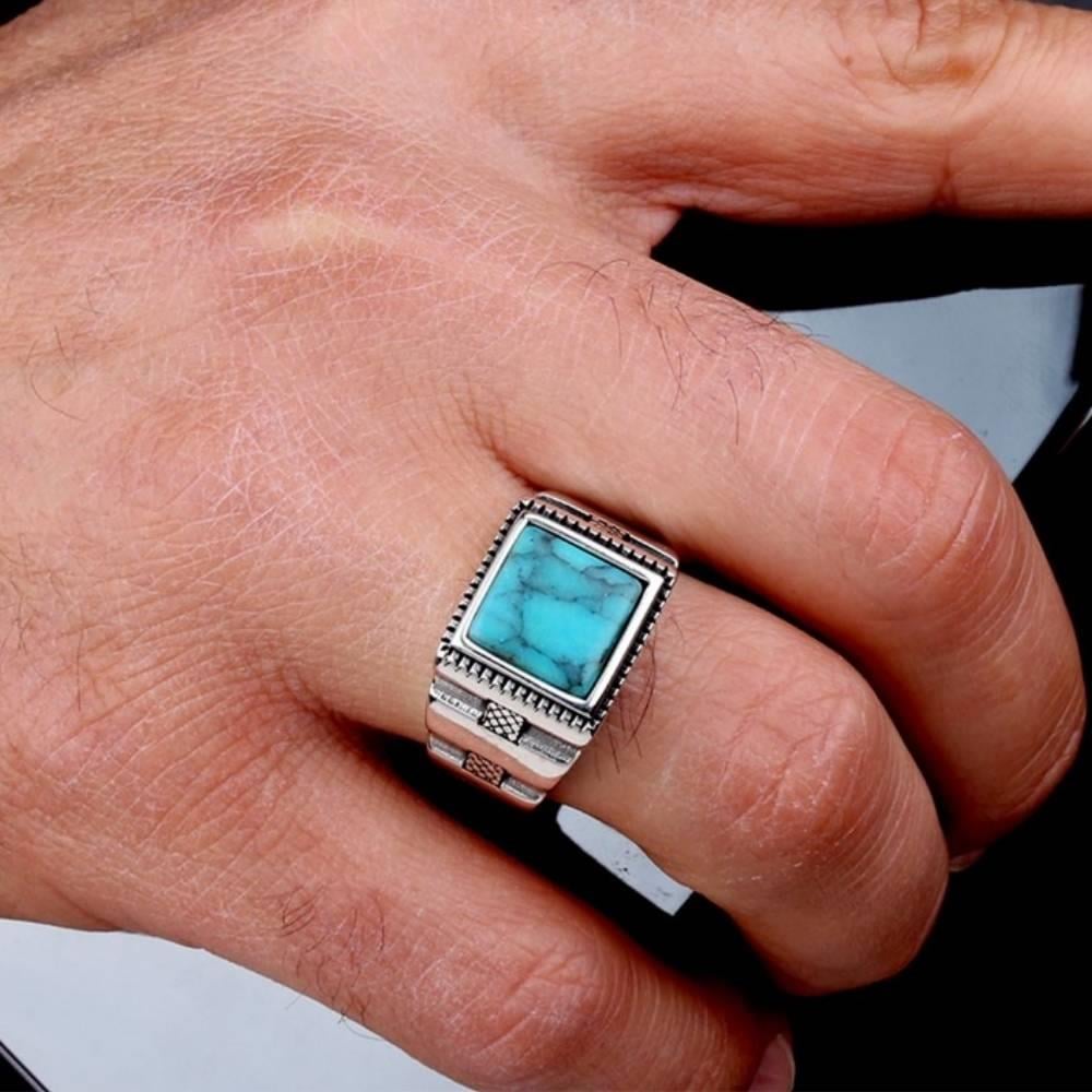 Kare Kesim Turkuaz Taşlı Model Gümüş YüzükFiruze Taşlı Yüzükler