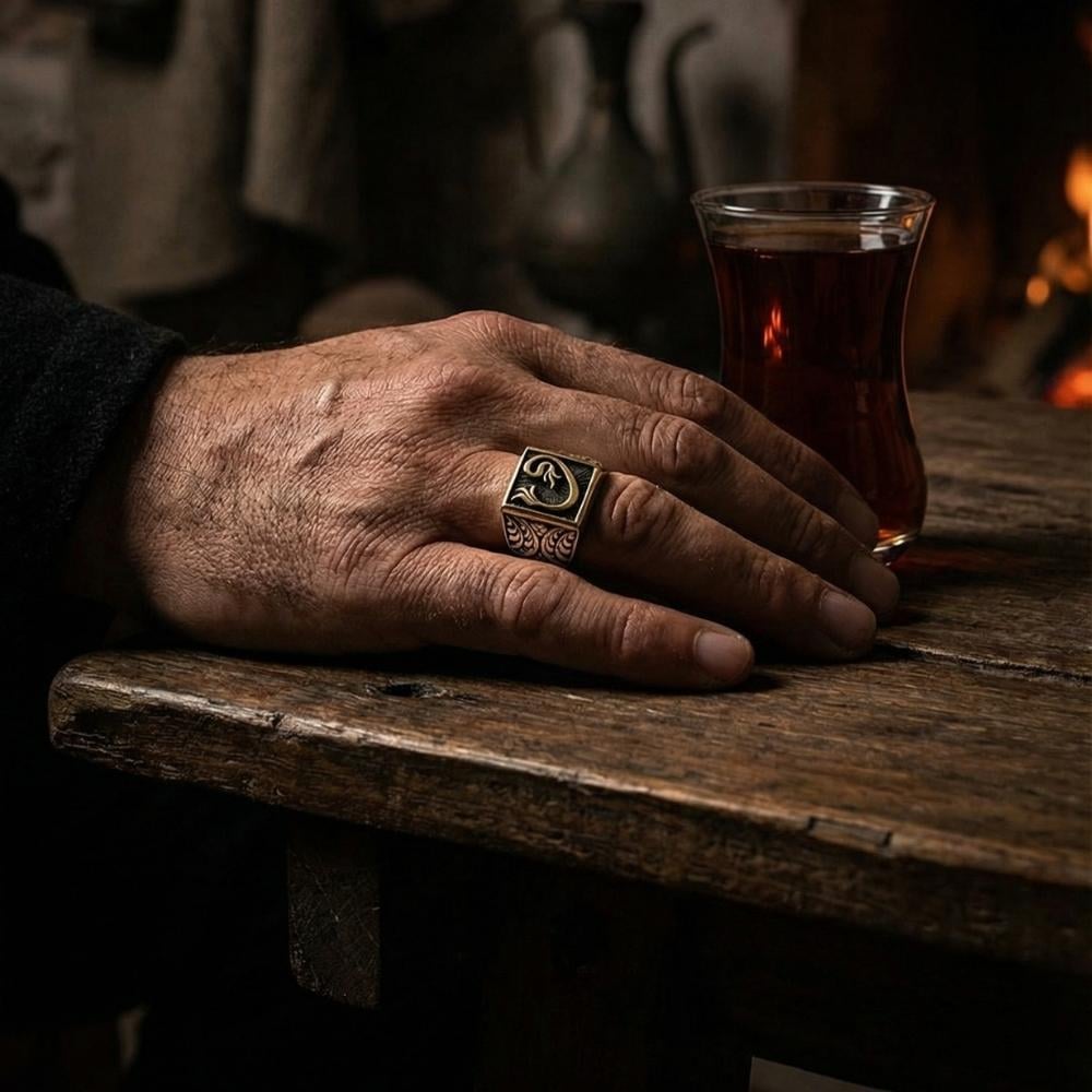 Kare Kesim Vav Harfi Motifli Gümüş Erkek YüzükElif Vav Yüzük
