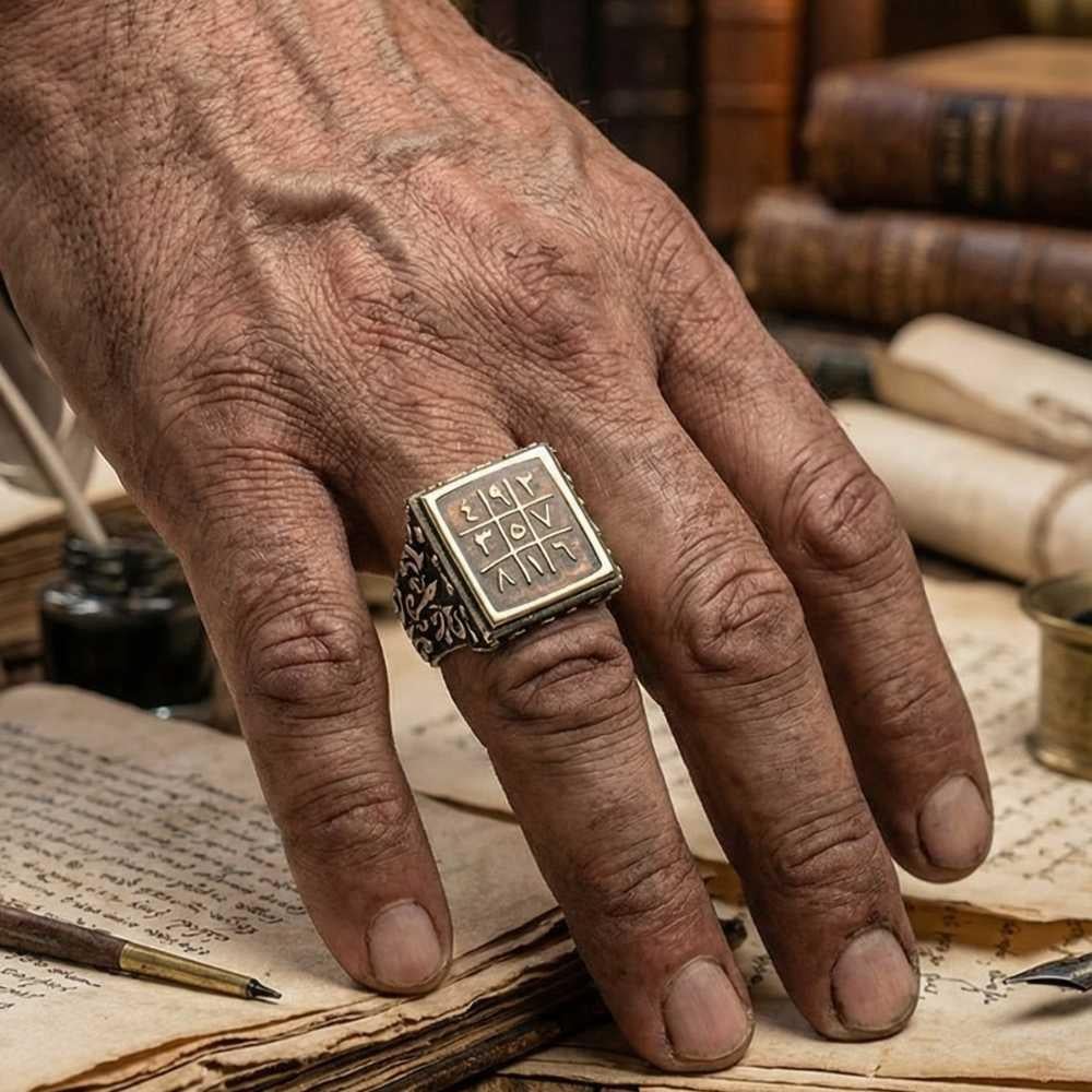 Kare Mineli Ebced Hesaplı Gümüş Erkek YüzükEbced Hesabı Yüzük