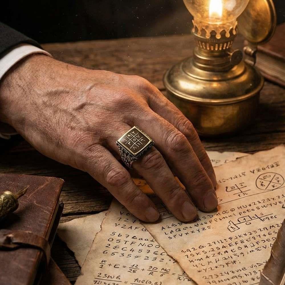 Kare Mineli Ebced Hesaplı Gümüş Erkek YüzükEbced Hesabı Yüzük