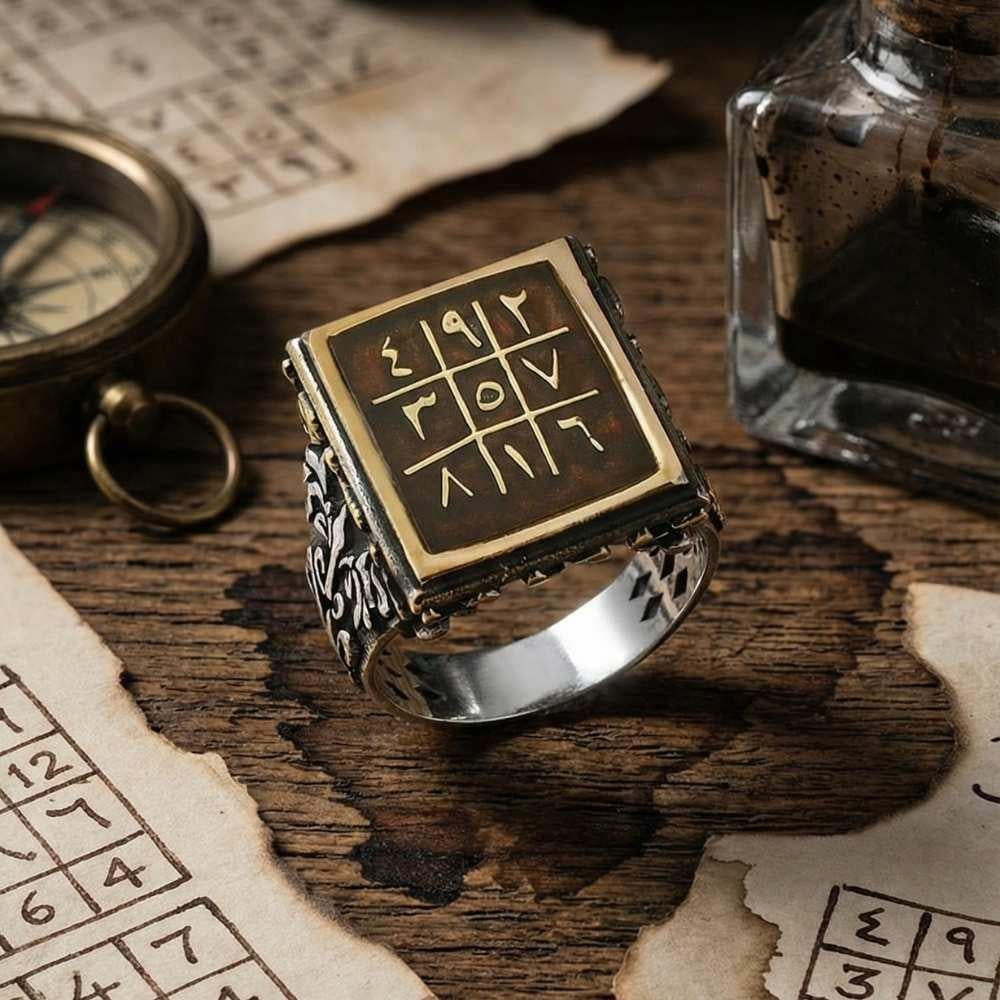 Kare Mineli Ebced Hesaplı Gümüş Erkek YüzükEbced Hesabı Yüzük