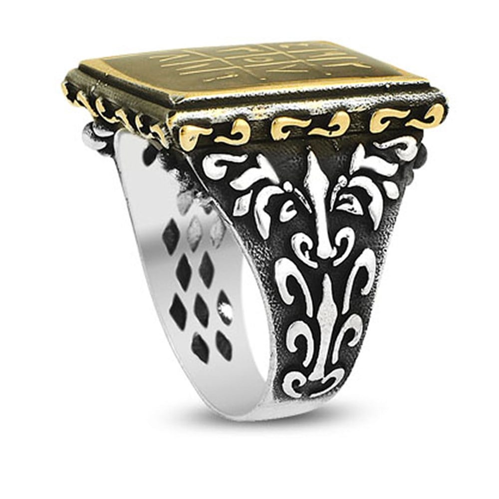 Kare Mineli Ebced Hesaplı Gümüş Erkek Yüzük