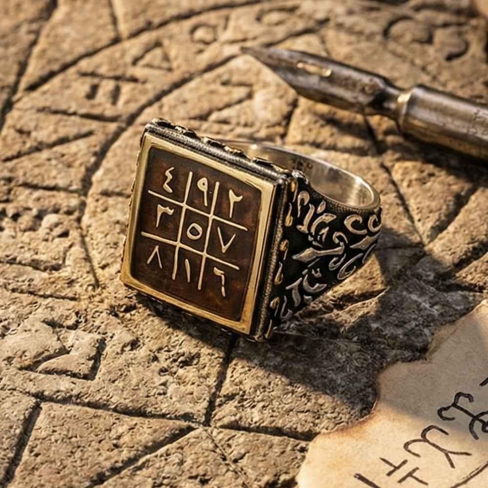 Kare Mineli Ebced Hesaplı Gümüş Erkek YüzükEbced Hesabı Yüzük