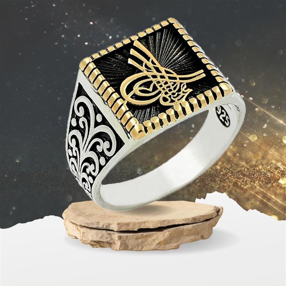 Kare Montürlü Osmanlı Tuğralı Gümüş Erkek Yüzük